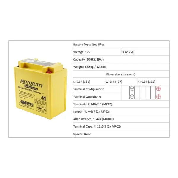 Motobatt Quadflex 12V Battery MBTX16U